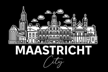 Wall Mural - Maastricht, Netherlands architecture line skyline illustration with shadows. Linear vector cityscape with famous landmarks, city sights, design icons.