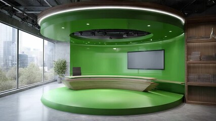 Poster - Modern Broadcast Studio: Contemporary design showcasing a sleek, green-themed broadcast studio with a curved desk, large screen, and panoramic city views.