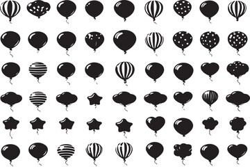 Poster - Assorted black balloons in various shapes and designs on white background