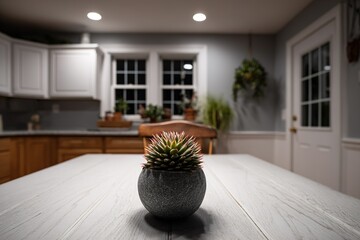 Poster - Cozy kitchen setting with a succulent centerpiece on a wooden table during the evening