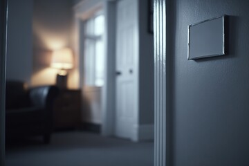 Poster - Light switch in a dimly lit hallway leading to a cozy living room with soft lighting and a vintage armchair