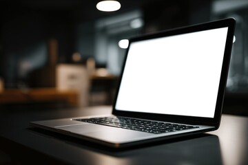 Poster - Laptop on a desk in a modern workspace during evening hours with soft lighting conveying a calm atmosphere