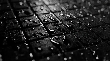 Poster - Black Tiles, Water Droplets, Monochromatic