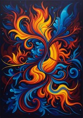 Poster - Vibrant Floral Fantasy - An abstract painting of swirling, vibrant blue, orange, and yellow floral shapes on a dark background