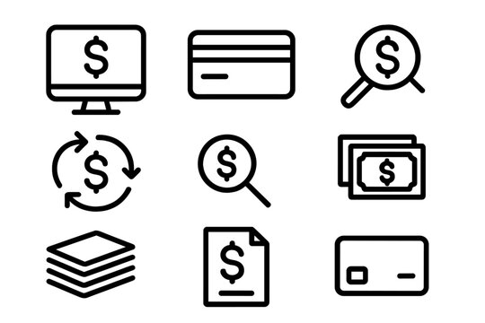 Financial icons set featuring currency and transaction symbols in linear style