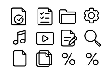 Poster - Black outline icons set: documents, media, and tools on dark background