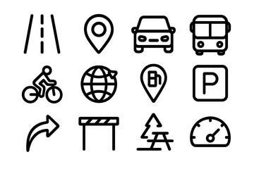 Poster - Set of simple black linear transportation and travel icons on dark background