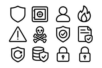Poster - Outline security icons: shield, lock, fire, warning in minimalist design