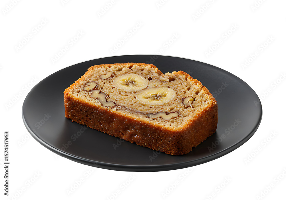 A slice of banana nut bread on a black plate against a black backdrop showcasing its texture and ingredients