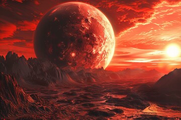 Poster - Red planet rising over a surreal landscape with mountains and sunset in a science fiction scenery