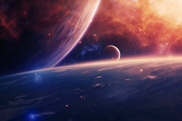 Poster - Breathtaking view of planets rising above the horizon, with nebulae and stars creating a stunning cosmic backdrop