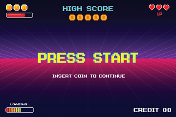Aufkleber - PRESS START INSERT A COIN TO CONTINUE. pixel art. 8 bit game. retro game. for game assets. Retro Futurism Sci-Fi Background. glowing neon grid. and stars from vintage arcade computer games