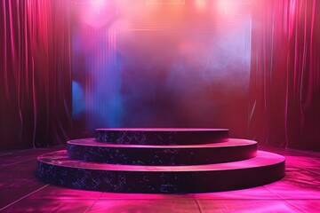 Poster - Empty round stage illuminating with pink and blue lights is waiting for a performance in theater