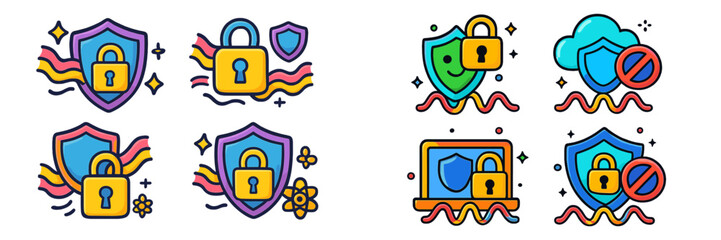 Poster - Colorful digital security icons showcasing locks, shields, and cloud technology during a modern cybersecurity illustration