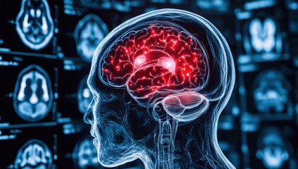 Poster - A digital illustration of a human brain highlighting neural activity within a transparent skull, set against blurred brain scan images in the background.