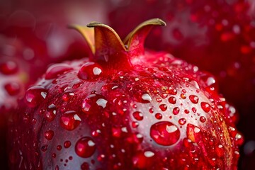 Poster - Close up of a fresh pomegranate glistening with water droplets, showcasing its vibrant red color and textured skin