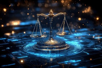Poster - A glowing golden justice scale hovers over a digital blue circuit board, symbolizing the fusion of law and technology in a futuristic setting.