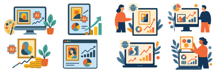 Poster - Digital artwork depicting various scenes of data analysis and presentation in a modern office environment featuring charts and graphs