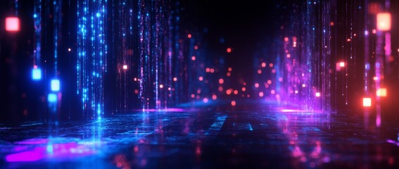 Poster - Dynamic light display with vibrant colors and patterns in a dark environment during a digital art exhibition