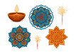 © Mark - Diwali celebration elements featuring decorative patterns, a traditional lamp, and sparklers in festive colors