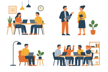 Poster - collaboration and productivity in modern office spaces with diverse teams interacting in various set