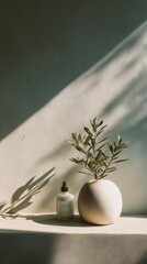 Poster - Minimalist Still Life Composition with Small Potted Plant and Skincare Dropper Bottle on Textured Surface with Soft Shadows and Natural Light