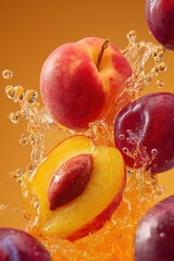 Aufkleber - Fresh Juicy Peaches and Plums Splashing in Water with Dynamic Droplets and Vibrant Orange Background