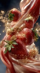 Aufkleber - Fresh Juicy Strawberries Splashing in Liquid with Sparkling Golden Particles and Dynamic Motion Effect for Healthy Food and Dessert Themes