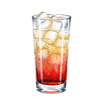 Refreshing beverage in a glass, featuring watercolor rendering, ice cubes, and a vibrant red color on a black background.