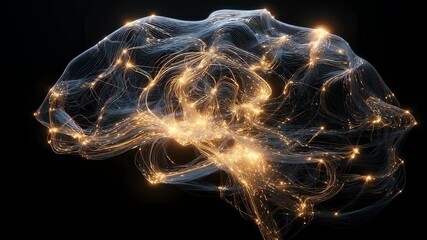 Aufkleber - Interconnected neurons firing and communicating within a stylized human brain, visualized with glowing lines and nodes on a dark background, illustrating complex thought and memory processes