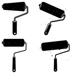 Poster - Illustration of four black paint rollers with handles in various orientations on a white background