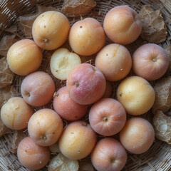 Poster - Flat lay of fresh apricots in a wicker basket, showcasing their vibrant orange color.