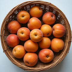 Poster - Flat lay of fresh apricots in a wicker basket, showcasing their vibrant orange color.