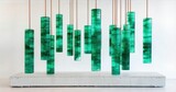 Green glass cylinders hang from rods atop concrete base. Modern sculpture exhibits color, texture, form, light interplay. Minimalist design. Green glass cylinders hang from rods atop concrete base. Modern sculpture exhibits color, texture, form, light interplay. Minimalist design.