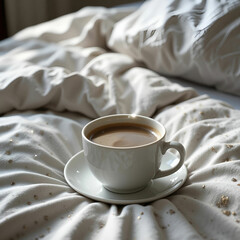 Poster - A cozy cup of coffee resting on a bed, evoking warmth, relaxation, and the comforting start.