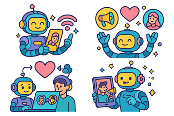 Poster - Robots interacting with people through technology in colorful illustrations of communication and connection