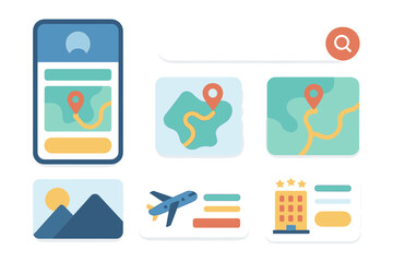 Poster - Mobile application interface showing travel planning features with maps, flights, and hotel information for users interested in exploration