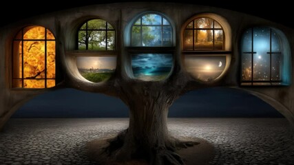 Poster - Fantastic composition with a tree and windows reflecting different seasons and natural landscapes