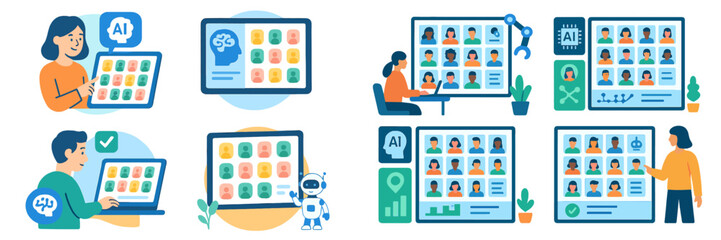 Aufkleber - People engaging with digital interfaces showcasing AI applications in a modern office environment during the day