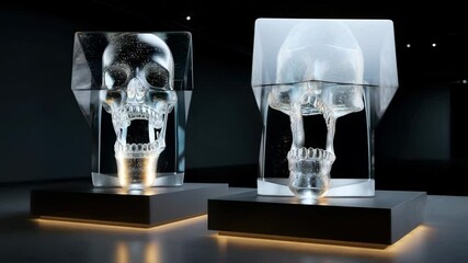 Poster - Transparent skulls in geometric pyramidal designs on a dark background