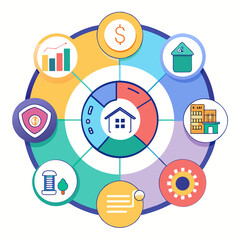 Poster - A colorful graphic with a house in the center and a variety of other icons surrounding it. The house is surrounded by a circle of icons, including a bank, a car, a building, a house, a car, a building