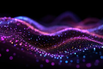 Poster - Abstract lines of glowing purple, pink, and blue particles against a dark background