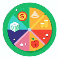 Poster - A colorful wheel with a dollar sign on it. The wheel is divided into six sections, each with a different symbol