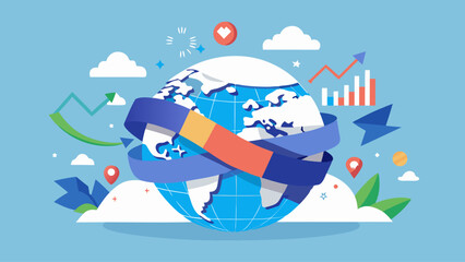 Poster - A blue and white globe with a red ribbon around it. The globe is surrounded by clouds and has a red ribbon around it