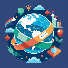 Poster - A blue and white globe with a red ribbon around it. The globe is surrounded by clouds and has a red ribbon around it