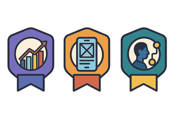 Poster - Badges illustrating professional skills in data analysis, mobile app design, and user experience for digital products