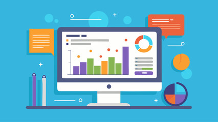 Poster - A computer monitor with a colorful background and a lot of graphs and charts. The background is blue and the graphs are in different colors