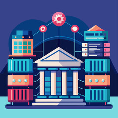 Poster - A colorful building with a large dome on top and a large building in the background. The building is surrounded by many servers and computers