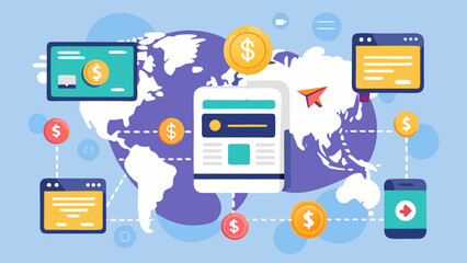 Poster - A world map with a bunch of cell phones and other devices connected to it. The idea of the image is that the world is connected through technology and communication