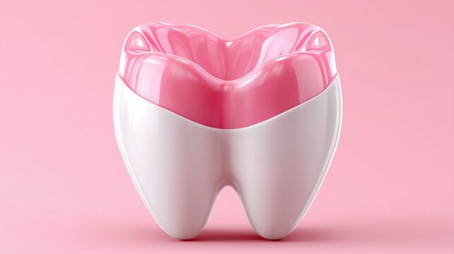 A 3D rendered illustration of a tooth, showcasing its anatomy and design with a smooth, pink background.